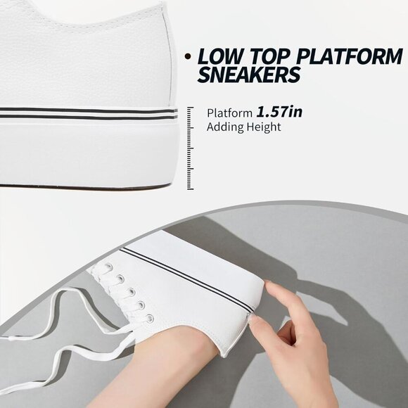 Women's White PU Leather Platform Sneakers Casual Low Top Shoes Rubber Sole - Picture 2 of 6